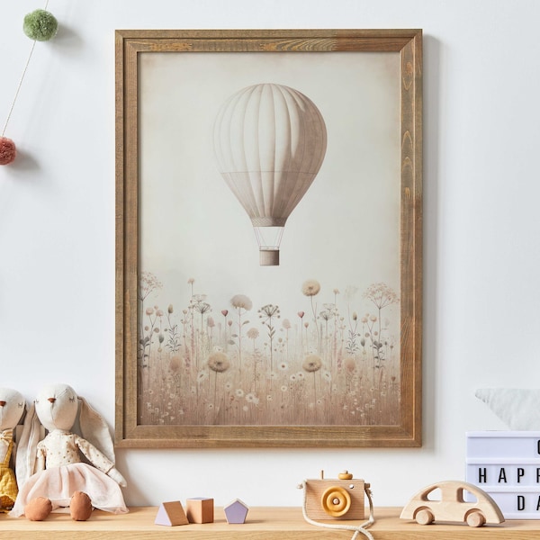 Hot Air Balloon Nursery, Pink Nursery Decor, Rustic Nursery, Wildflower Nursery Wall Art, Vintage Balloon Wall Art, PRINTABLE Nursery Art