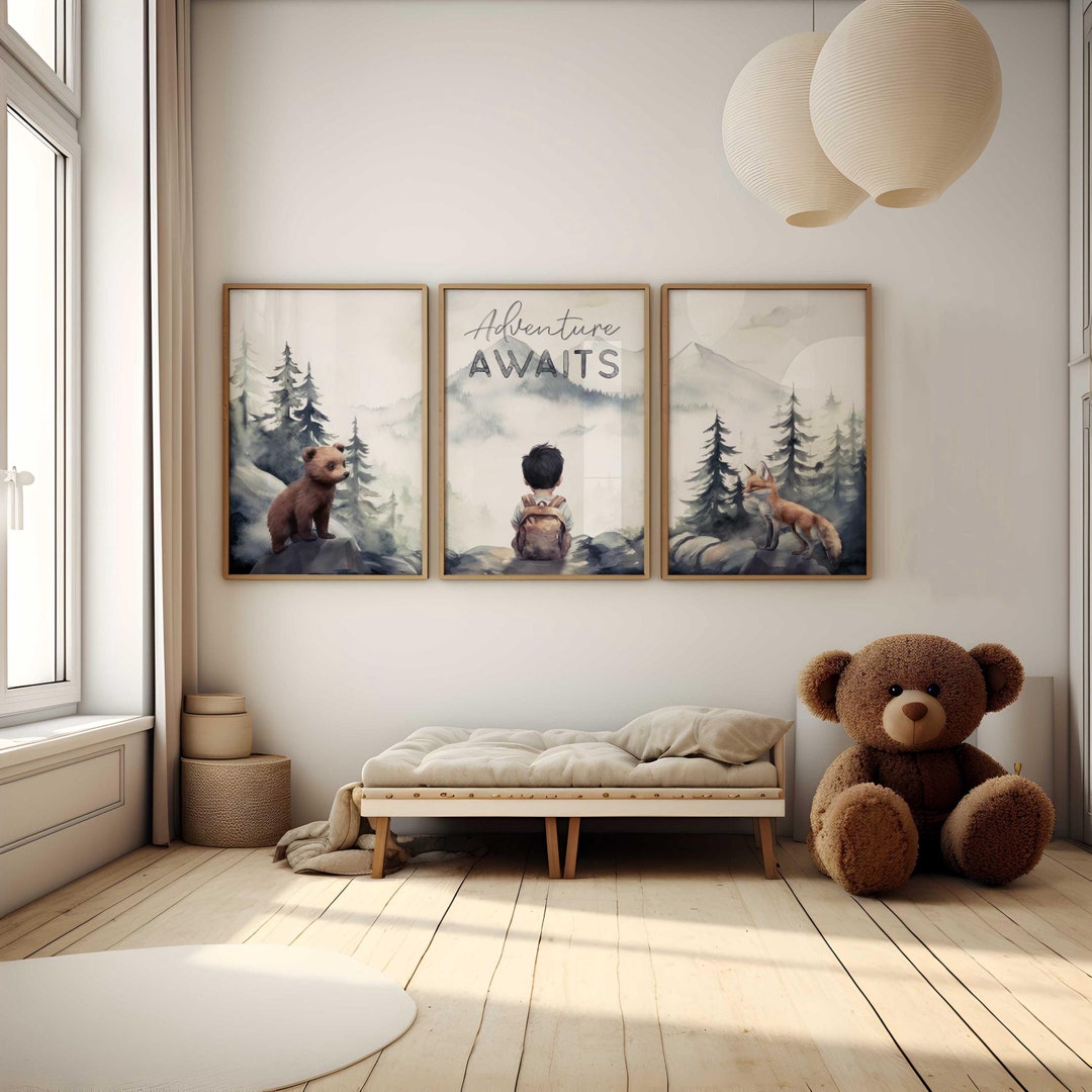 Adventure Awaits Prints, Woodland Animal, Nursery Quote Art, Set of 3 ...
