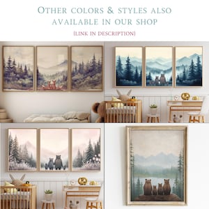 May include: Three watercolor prints of a forest scene with a family of bears. The prints are framed and hung on a white wall in a nursery. The prints are available in other colors and styles.