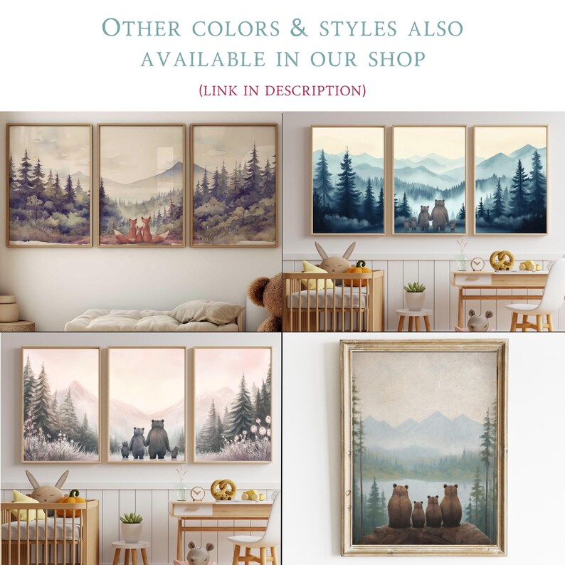 May include: Three watercolor prints of a forest scene with a family of bears. The prints are framed and hung on a white wall in a nursery. The prints are available in other colors and styles.