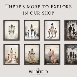 May include: A collection of eight framed art prints featuring various depictions of families. The prints are all in a similar style, with a muted color palette and a focus on the figures. The prints are all framed in a simple, rustic-looking frame.