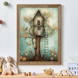 Treehouse Print, Whimsical Wall Art, Nursery Wall Decor, Tree House Wall Decor, Rustic Nursery Art, Tree Cabin, PRINTABLE Kids Wall Art