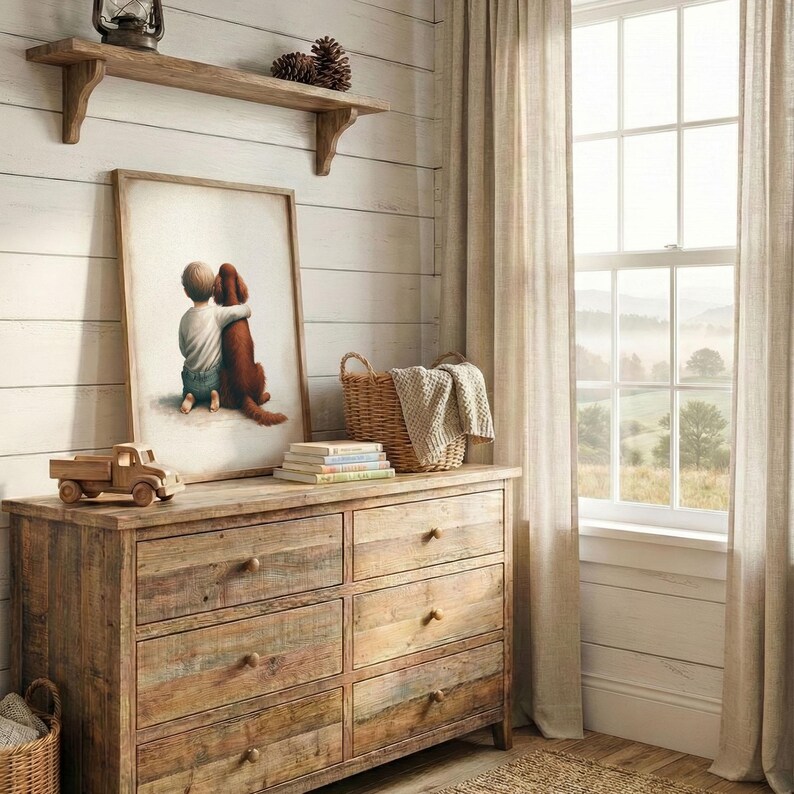 May include: A rustic wooden dresser with six drawers, a framed print of a child hugging a dog, and a wooden toy truck. A woven basket, books, and a blanket are on top. The room has a window with sheer curtains.
