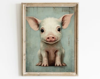 Piglet Print, Vintage Nursery Animal Decor, Farmhouse Nursery Decor, Cute Pig Art Print, Farm Animal Wall Art, Printable Wall Decor