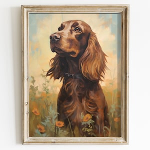 Vintage Cocker Spaniel Wall Art - Brown Cocker Spaniel in Blooming Meadow - Printable Dog Wall Art - Muted Colors