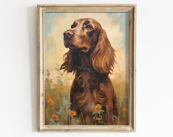 Vintage Cocker Spaniel Wall Art - Brown Cocker Spaniel in Blooming Meadow - Printable Dog Wall Art - Muted Colors