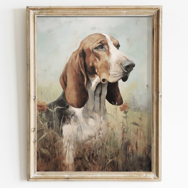 Vintage Dog Print, Basset Hound Wall Art, Gift for Basset Dog Lovers, Dog Portrait Painting, Basset Owner Gift, Digital Printable Dog Decor