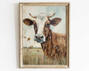 Vintage Cow Portrait, Whimsical Cow Wall Art, Cattle Art, Farmhouse Decor, Farm Animal Art Print, Bull Painting, Printable Farm Theme Art