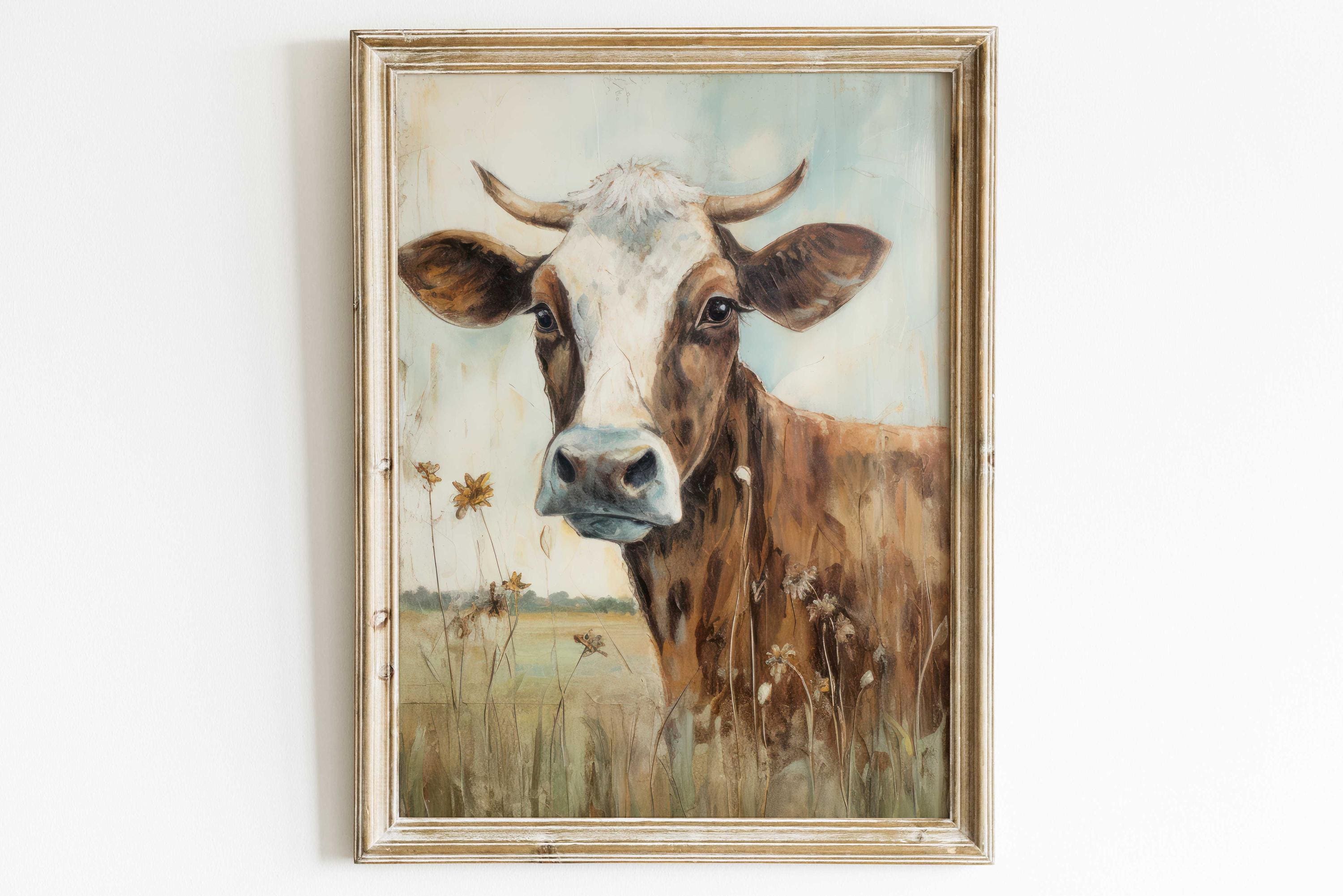 ヴィンテージ牛の肖像画、気まぐれな牛の壁アート、牛のアート、農家の