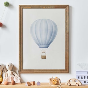 Blauwe luchtballon kinderkamer decor, pastel kinderkamer print, transport kwekerij, vintage ballon kunst aan de muur, afdrukbare kinderkamer muur kunst jongen