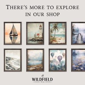 Puede incluir: Una colecci&oacute;n de ocho pinturas de acuarela enmarcadas que representan diferentes escenas de la naturaleza, incluyendo un velero en el agua, un faro en una costa rocosa, una palmera en una playa, un muelle de madera sobre un lago, una playa con olas rompiendo en la orilla, un lago con monta&ntilde;as en el fondo, globos aerost&aacute;ticos flotando en el cielo y un estanque con nen&uacute;fares.