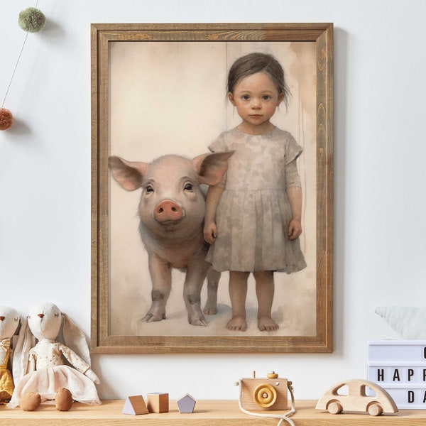 Farm Nursery Decor, Farmhouse Style Rustic Nursery Country House Decor, Girl & Pig Vintage Wall Art, Nursery Animals, Digital Printable Art