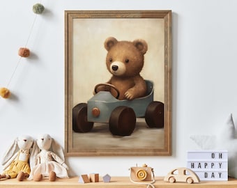 Teddy Bear Nursery Print, Animals Driving Cars, Vintage Forest Animal Baby Room Decor, Bear Wall Art, Digital Printable Boys Room Decor