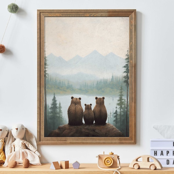 Art pour chambre d'enfant, impression de famille d'ours, impression d'animaux de la forêt, impression de chambre d'enfant des bois, décoration de chambre pour tout-petit garçon, art mural imprimable numérique