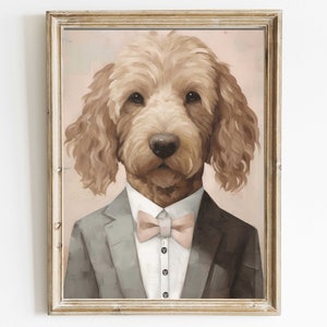 Goldendoodle Wall Art, Vintage Dog Print, Dog Wearing Suit & Clothes, Funny Dog Portrait, Goldendoodle Lover Gift, Printable Dog Art