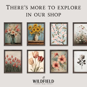May include: A collection of eight framed floral prints featuring various flowers, including lilies, sunflowers, cherry blossoms, daisies, tulips, hibiscus and roses. The prints are all in a vintage style with a rustic wooden frame.