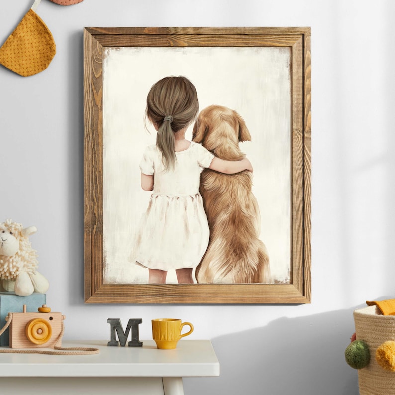 May include: A framed print depicts a young girl with brown hair in a white dress embracing a golden retriever. The artwork has a vintage aesthetic, with a warm color palette and a wooden frame. The image evokes themes of friendship and companionship.
