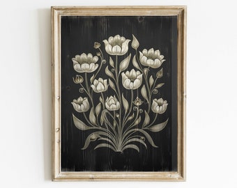 White Flower Print, Black Wood Wall Art, Rustic Floral Decor, Black Floral Art, Black Flower,Farmhouse Home Decor, Printable Floral Print