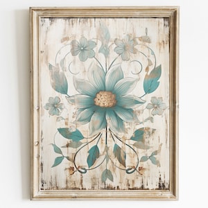 Vintage Floral Wall Art, Ornamental Flower Wall Decor, Distressed Teal Flowers Print, Rustic Wall Art Wood,Farmhouse Printable Decor