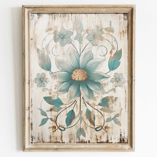 Vintage Floral Wall Art, Ornamental Flower Wall Decor, Distressed Teal Flowers Print, Rustic Wall Art Wood,Farmhouse Digital Printable Decor