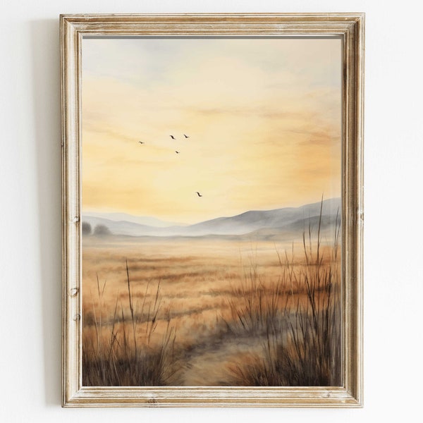 Watercolor Landscape Wall Art, Abstract Scenic Nature Print, Tranquil Home Decor, Beautiful Meadow at Sunset, DIGITAL Printable Wall Decor