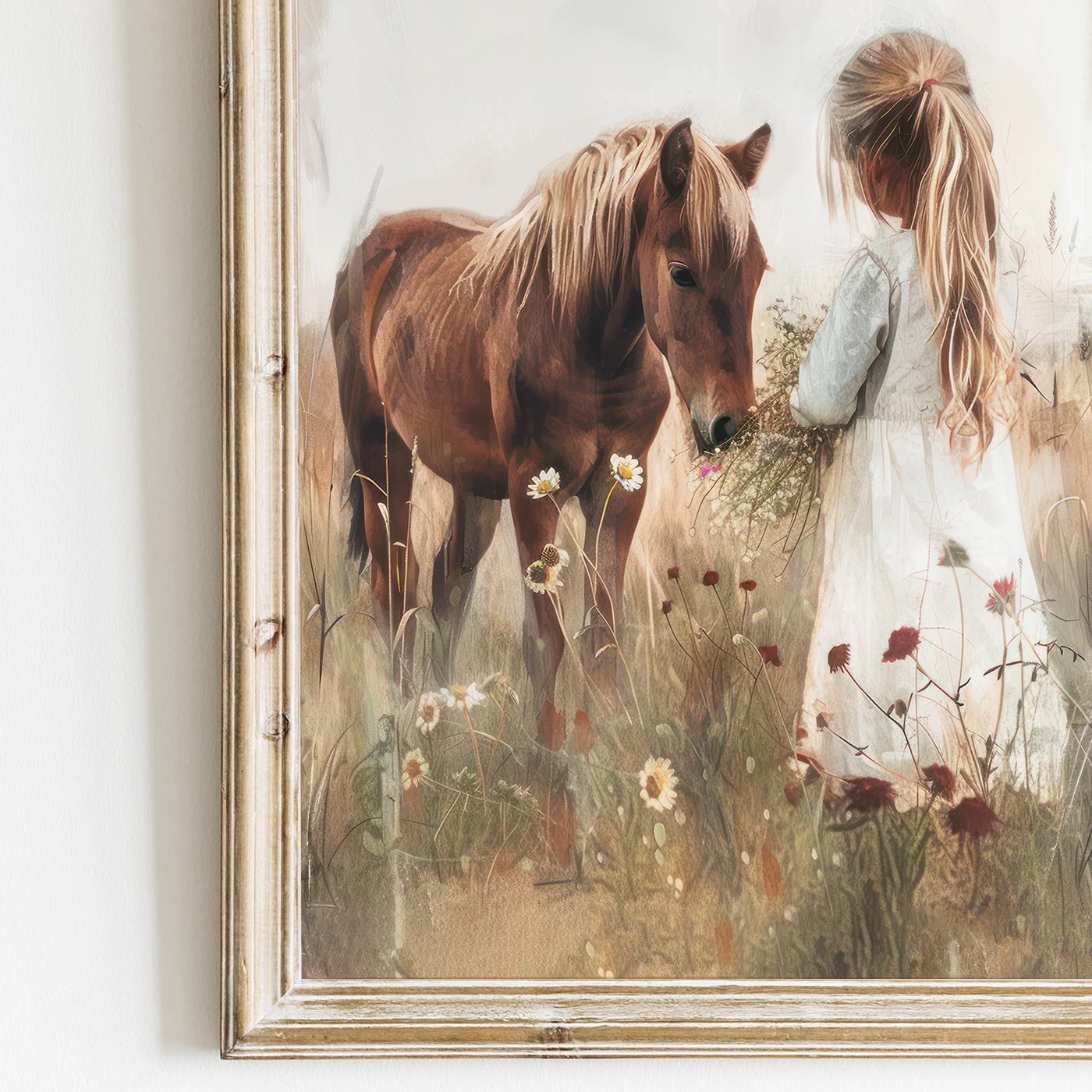 額装品/The Horse/トゥイヤ リンドストローム/ポスター/インテリア Horse Nursery Painting, Little Girl & Horse Print, Horse Gift for