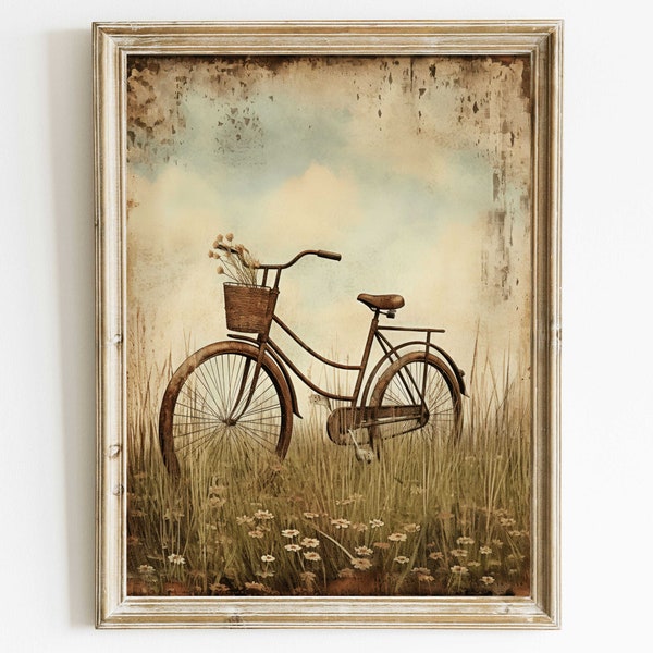 Vintage Bicycle Art Print, Bike & WildFlower Meadow Print, Rustic Floral Wall Decor, Country Style Farmhouse Home Decor, Printable Wall Art