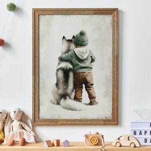 Siberian Husky Nursery Decor, Boy and Dog Print, Husky Print, Rustic Nursery, Puppy Nursery Print, Boy&#39;s Room Decor, Printable Kids Wall Art