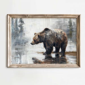 May include: A painting of a brown bear standing in a shallow body of water. The bear is looking to the left of the frame. The background is a blurry, gray and white landscape.