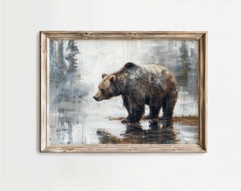 2023年 クマと森の風景 プレート クマの壁アート、ヒグマのプリント、森の動物、キャビンの装飾、素朴な