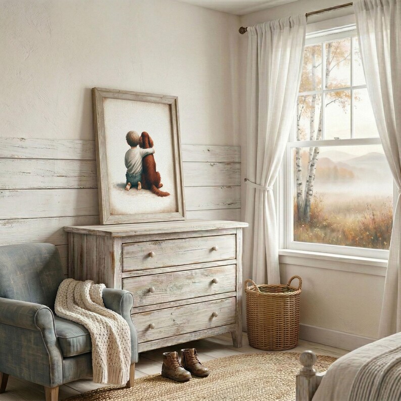 May include: A cozy bedroom scene featuring a framed artwork of a child hugging a dog, set atop a distressed wooden dresser. A blue armchair with a cream-colored throw, a woven basket, and boots complete the warm, inviting space. A window offers a view of a misty landscape.