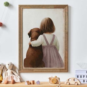 Brown Lab Print, Labrador Nursery Decor Girl & Dog Art Print, Dog Nursery Decor, Labrador Retriever Painting, Printable Dog Decor for Kids