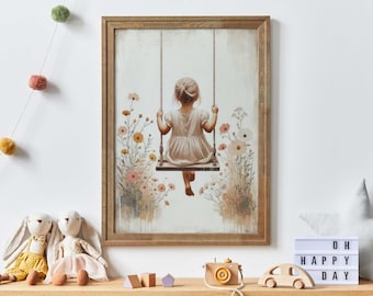 Little Girl on a Swing, Wildflower Nursery Girl, Toddler Room Decor, Vintage Girls Room Art, Rustic Nursery Decor, PRINTABLE Girl Wall Art