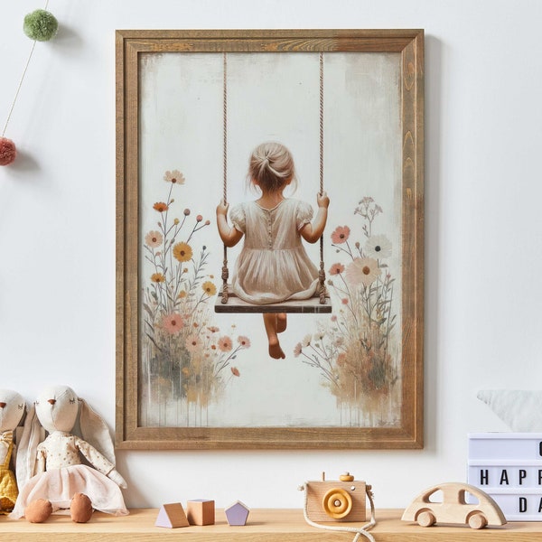 Little Girl on a Swing, Wildflower Nursery Girl, Toddler Room Decor, Vintage Girls Room Art, Rustic Nursery Decor, PRINTABLE Girl Wall Art