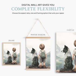 K&ouml;nnte beinhalten: Digitale Wandkunst mit dem Text "COMPLETE FLEXIBILITY" bietet Einrahmungsoptionen. Das Bild zeigt einen Aquarelldruck eines Kindes mit Rucksack und einem schwarz-wei&szlig;en Hund, erh&auml;ltlich als gerahmter Druck, Poster und Leinwand.