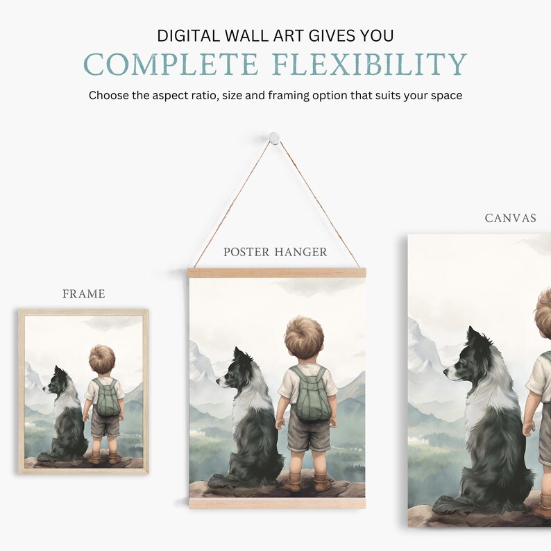 K&ouml;nnte beinhalten: Digitale Wandkunst mit dem Text "COMPLETE FLEXIBILITY" bietet Einrahmungsoptionen. Das Bild zeigt einen Aquarelldruck eines Kindes mit Rucksack und einem schwarz-wei&szlig;en Hund, erh&auml;ltlich als gerahmter Druck, Poster und Leinwand.