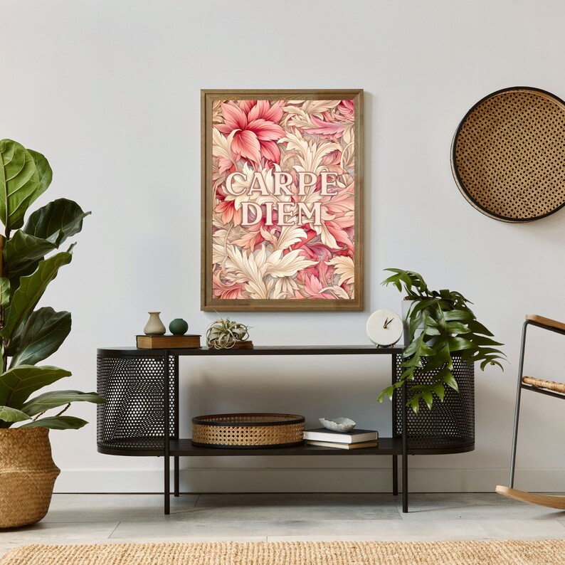 May include: A framed print with a floral design in shades of pink and cream. The print features the Latin phrase "Carpe Diem" in a decorative font.