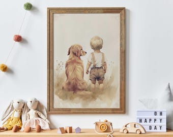 Golden Retriever Nursery Decor Boy, Boy & Golden Retriever Art, Dog Nursery Art, Golden Retriever Painting, Printable Dog Wall Art for Kids