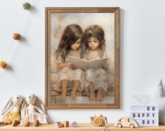 Vintage Nursery Decor, Learning & Reading Art for Girls Room, Printable Classroom Decor, Rustic Painting Nursery, PRINTABLE Girl Wall Art