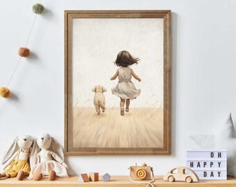 Girly Wall Art, Girl and Dog Print, Puppy Nursery Decor, Unique Vintage Girl's Room Decor, Printable Animal Nursery Wall Art