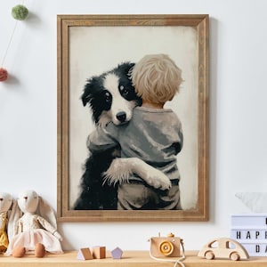 Könnte beinhalten: Ein gerahmtes Gemälde eines schwarz-weißen Hundes, der ein kleines Kind umarmt. Der Hund hat ein schwarz-weißes Fell und das Kind trägt ein graues Hemd. Das Gemälde ist vor einem weißen Hintergrund platziert.