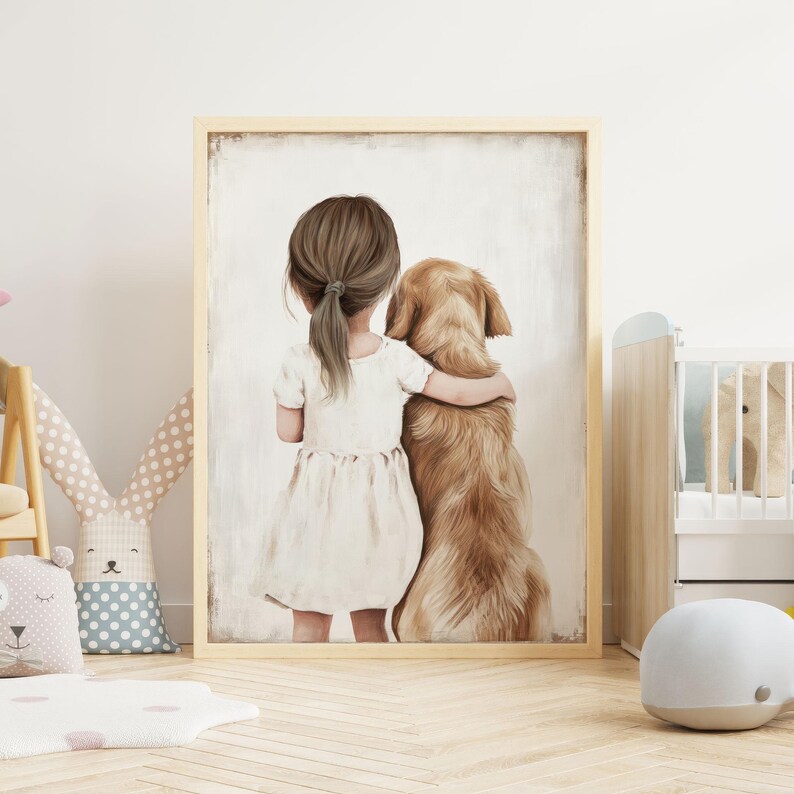 May include: A framed print depicts a young person in a white dress with a ponytail, hugging a golden retriever. The artwork has a soft, warm color palette and is set against a neutral background, creating a heartwarming scene.