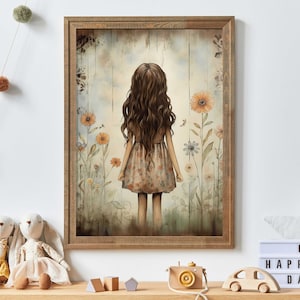 Wildflower Nursery Decor, Girly Wall Art Print, Toddler Girls&#39; Nursery or Bedroom, Toddler Girl with Flowers, Printable Wall Art