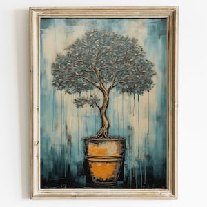 May include: A painting of a stylized tree with blue-green leaves in a brown pot against a blue and white background.