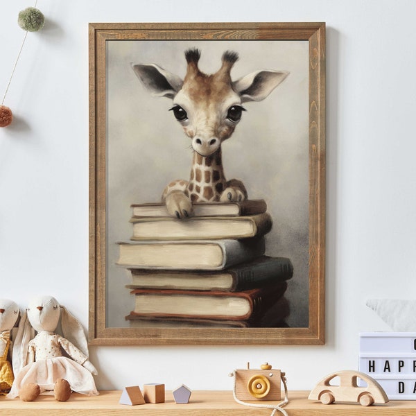 Read Decor, Vintage Giraffe & Books Wall Art, Learn and Study Art for Kids Room, Reading Corner Decor, Digital Printable Classroom Art