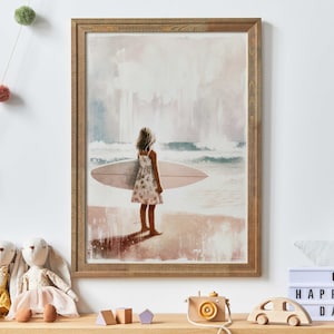 Surfing Nursery Decor Girl, Surfer Girl, Beach Nursery Art, Surf Theme Art Kids, Little Girl & Surfboard, Printable Surf Wall Art for Girls