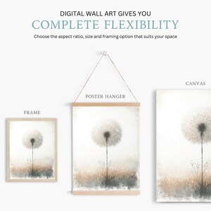 May include: A digital wall art print of a dandelion with a soft, watercolour-like effect. The print is shown in three different framing options: a frame, a poster hanger, and a canvas.