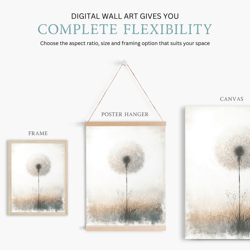 May include: A digital wall art print of a dandelion with a soft, watercolour-like effect. The print is shown in three different framing options: a frame, a poster hanger, and a canvas.