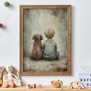 Boy and Dog Art Print, Puppy Nursery Print, Dog Nursery Wall Art, Pet with Owner Portrait, Dog Lover, Boy Room Dog, Printable Kids Wall Art