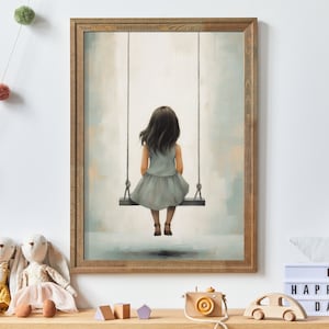 Vintage Nursery Art, Little Girl on Swing, Kids Room Art, Rustic Nursery Decor Girl Room, Printable Girl&#39;s Bedroom Wall Art